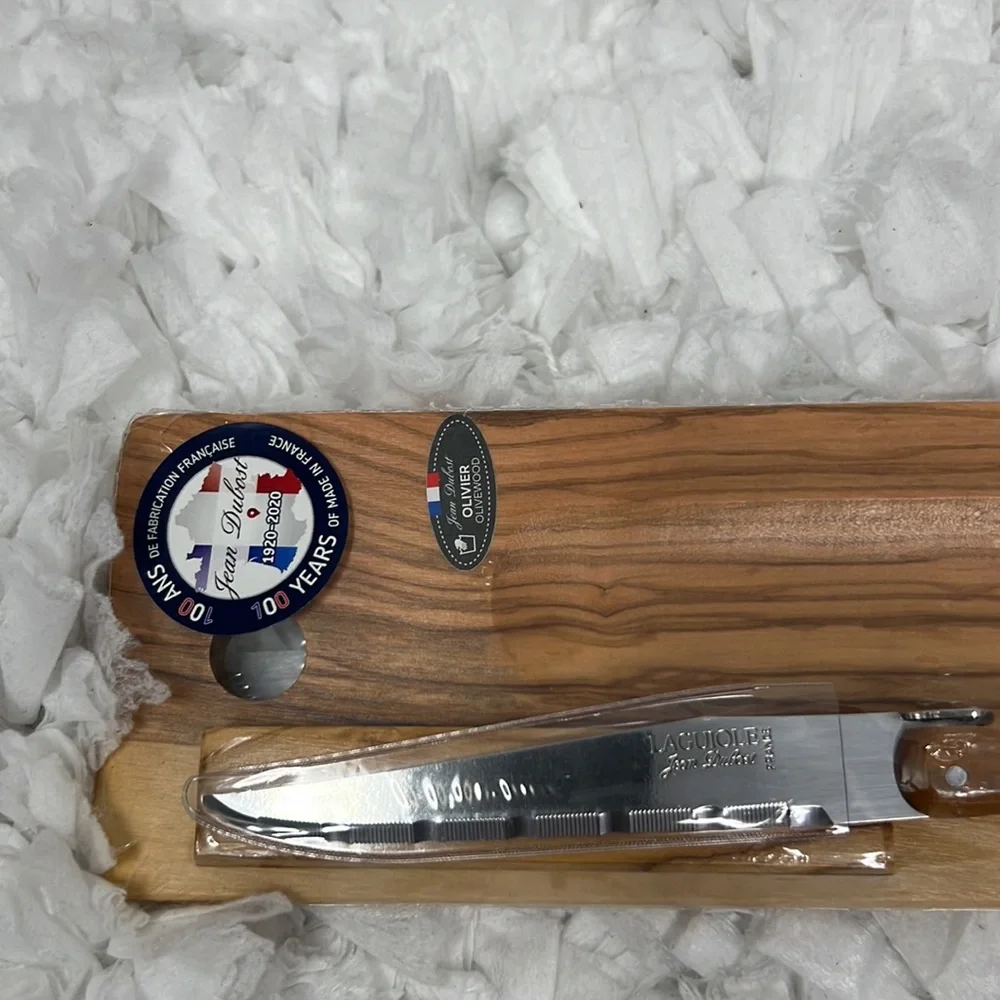 Jean Dubost Baguette/Salami Board & Knife, Stainless Steel Blades, Olive Wood